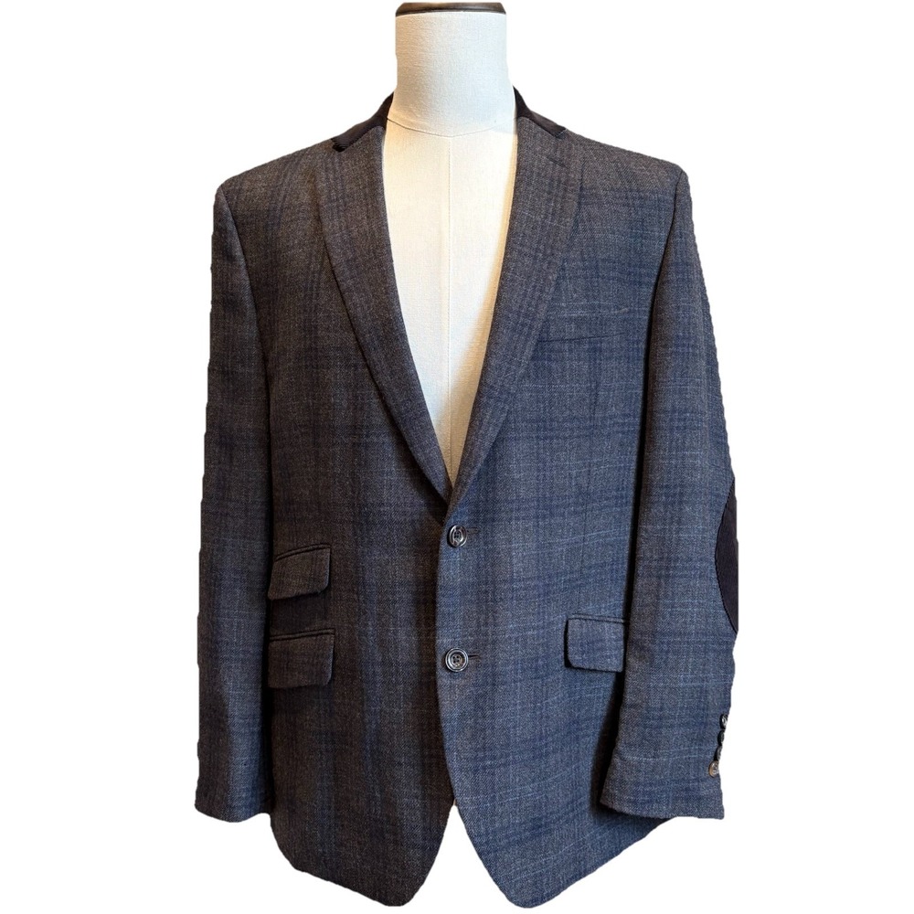 Tallia Blazer 44R Gray Glen Check Slanted Pockets Corduroy Collar Elbow Patch